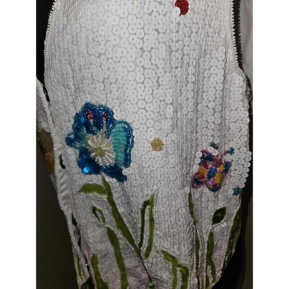 Quacker Factory Vest Flowers Butterflies White Sequin Size Medium - Picture 2 of 9